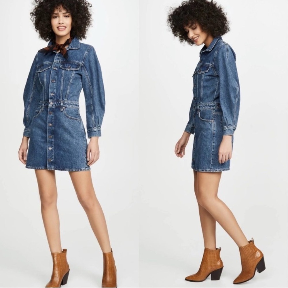 NWT AGOLDE x ANTHROPOLOGIE Denim Mini Dress Balloon Sleeves Size 12 - Picture 4 of 11